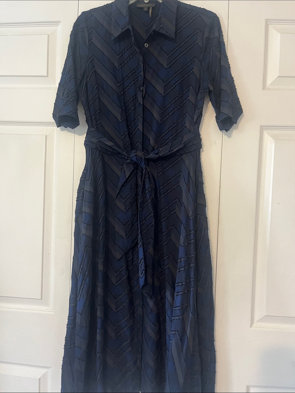 Donna Karan Navy Chevron Textured Shirt Dress with Tie Waist
